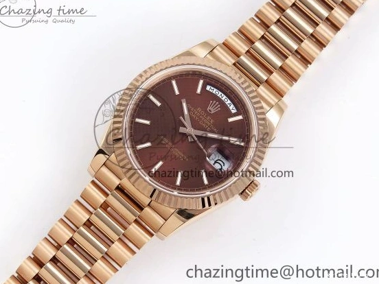 0125 SunProtective Day Date 40 RG JDF 904L Steel Brown Textured Stick Dial on President Bracelet VR3255 V3 (Gain Weight) 1359